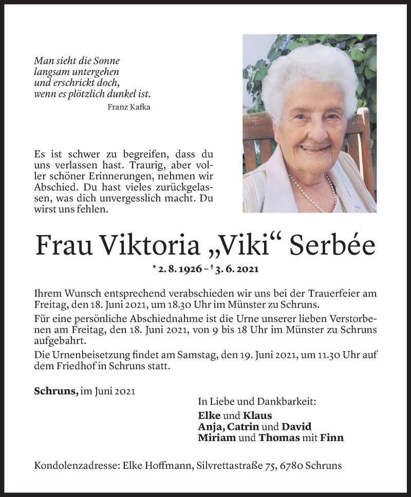  Todesanzeige für Viktoria Serbée vom 11.06.2021 aus Vorarlberger Nachrichten