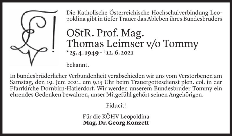  Todesanzeige für Thomas Leimser vom 15.06.2021 aus Vorarlberger Nachrichten