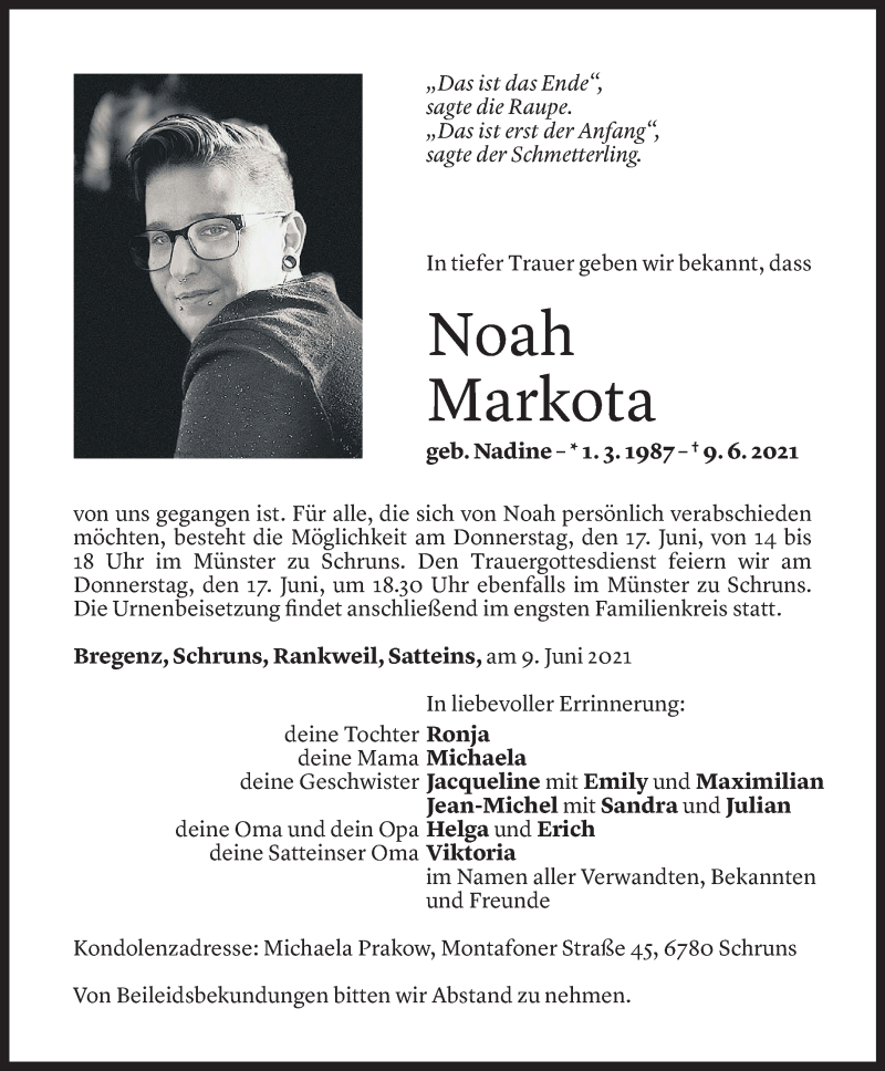  Todesanzeige für Noah Markota vom 14.06.2021 aus Vorarlberger Nachrichten