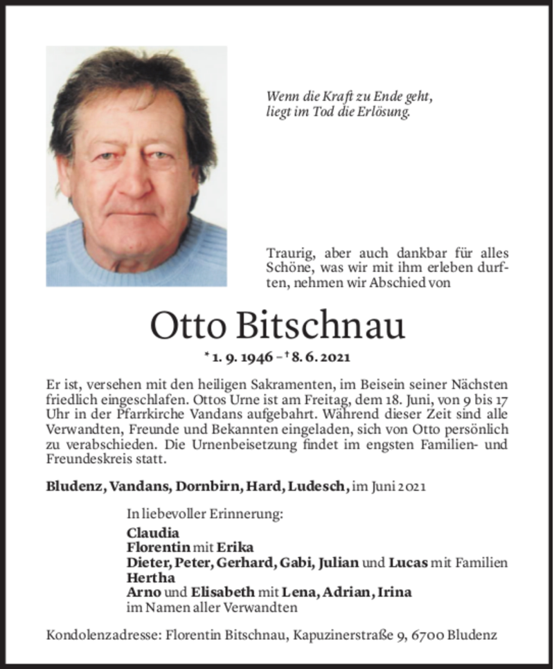  Todesanzeige für Otto Bitschnau vom 14.06.2021 aus Vorarlberger Nachrichten