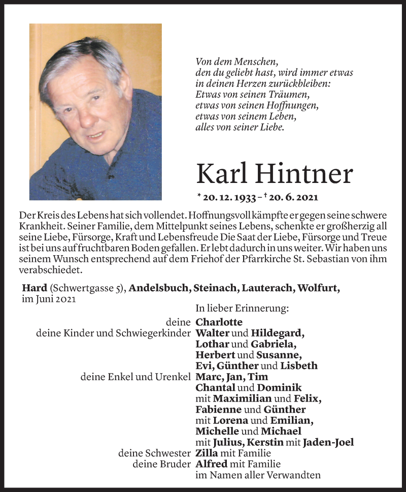  Todesanzeige für Karl Hintner vom 25.06.2021 aus Vorarlberger Nachrichten