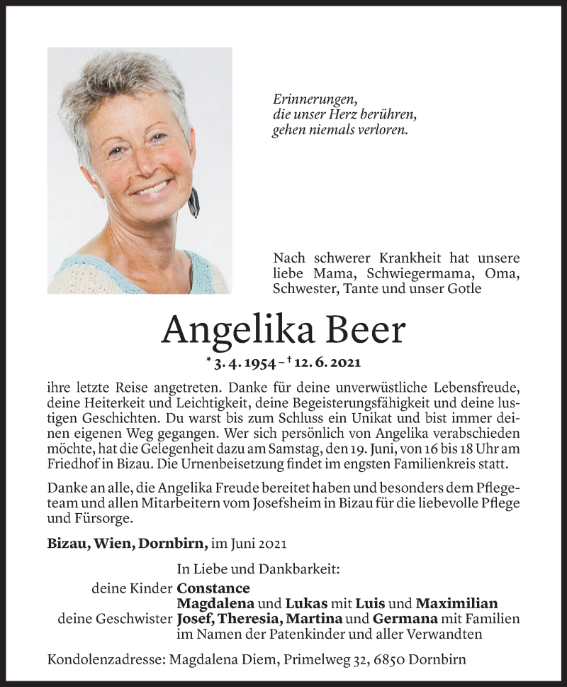  Todesanzeige für Angelika Beer vom 16.06.2021 aus Vorarlberger Nachrichten