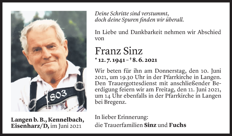  Todesanzeige für Franz Sinz vom 08.06.2021 aus Vorarlberger Nachrichten