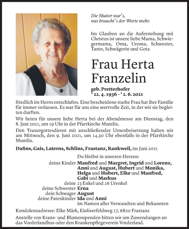  Todesanzeige für Herta Franzelin vom 04.06.2021 aus Vorarlberger Nachrichten