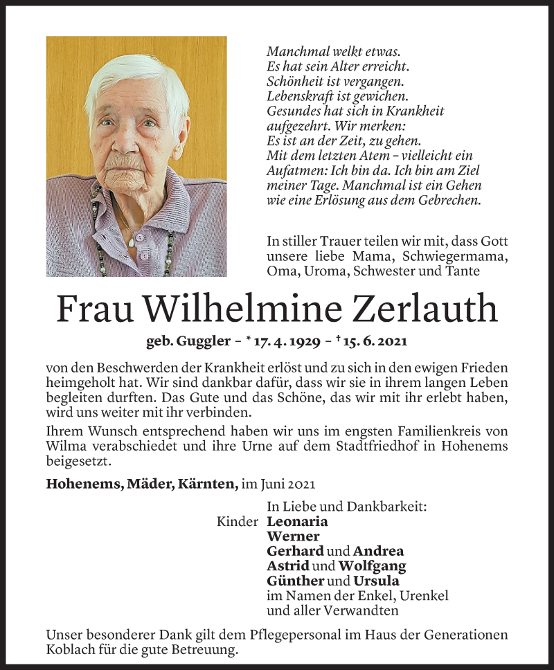  Todesanzeige für Wilhelmine Zerlauth vom 22.06.2021 aus Vorarlberger Nachrichten