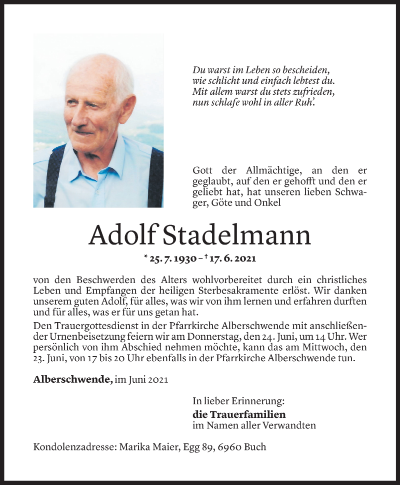  Todesanzeige für Adolf Stadelmann vom 18.06.2021 aus Vorarlberger Nachrichten