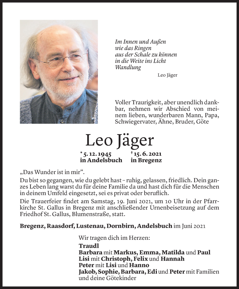 Todesanzeige für Leo Jäger vom 17.06.2021 aus Vorarlberger Nachrichten