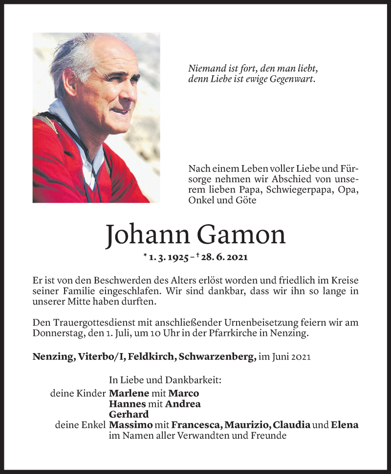  Todesanzeige für Johann Gamon vom 29.06.2021 aus Vorarlberger Nachrichten