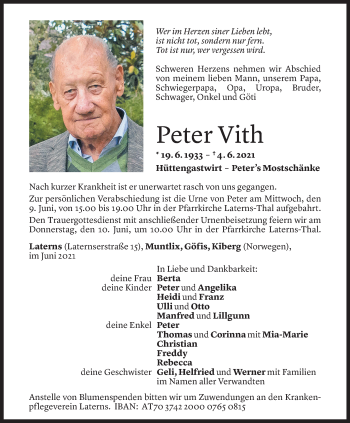 Todesanzeige von Peter Vith von Vorarlberger Nachrichten