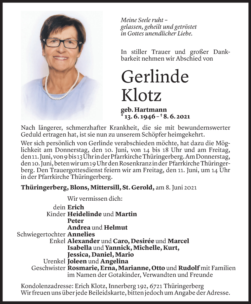  Todesanzeige für Gerlinde Klotz vom 08.06.2021 aus Vorarlberger Nachrichten