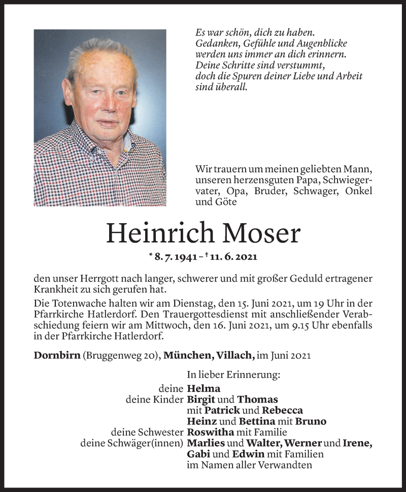  Todesanzeige für Heinrich Moser vom 14.06.2021 aus Vorarlberger Nachrichten