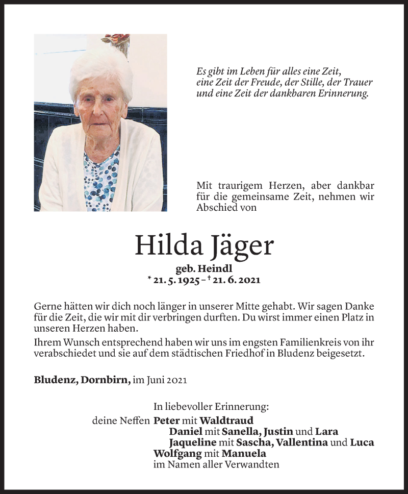  Todesanzeige für Hilda Jäger vom 26.06.2021 aus Vorarlberger Nachrichten