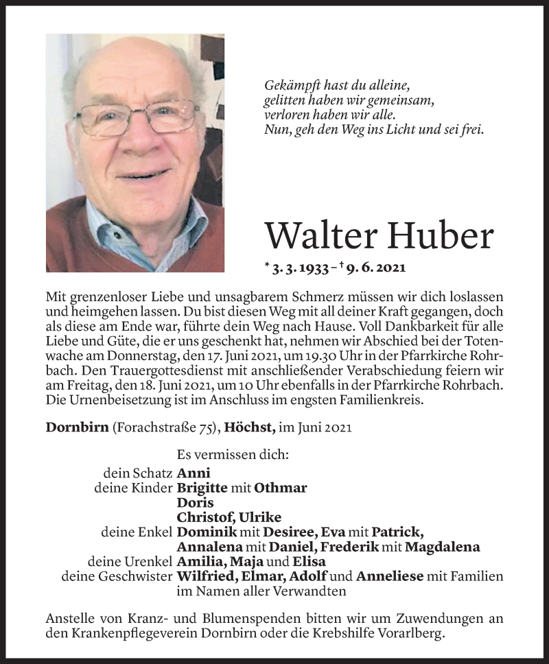  Todesanzeige für Walter Huber vom 14.06.2021 aus Vorarlberger Nachrichten