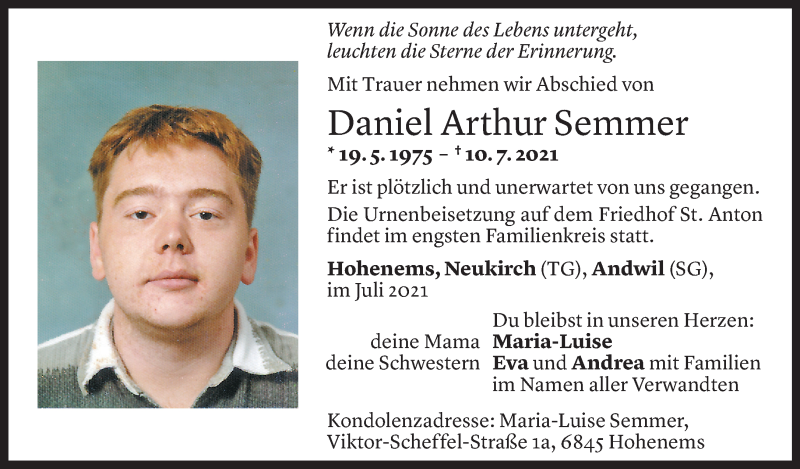  Todesanzeige für Daniel Arthur Semmer vom 19.07.2021 aus Vorarlberger Nachrichten