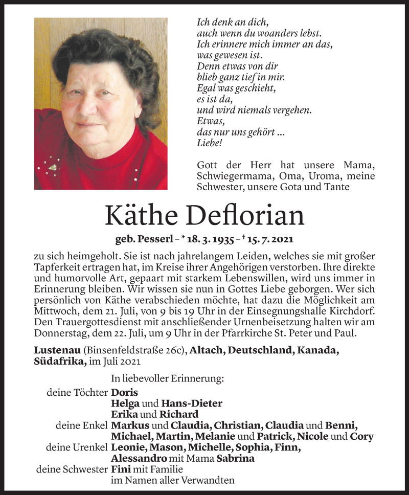  Todesanzeige für Käthe Deflorian vom 18.07.2021 aus Vorarlberger Nachrichten