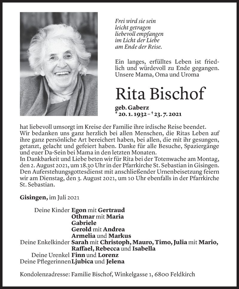  Todesanzeige für Rita Bischof vom 30.07.2021 aus Vorarlberger Nachrichten