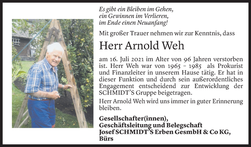  Todesanzeige für Arnold Weh vom 20.07.2021 aus Vorarlberger Nachrichten