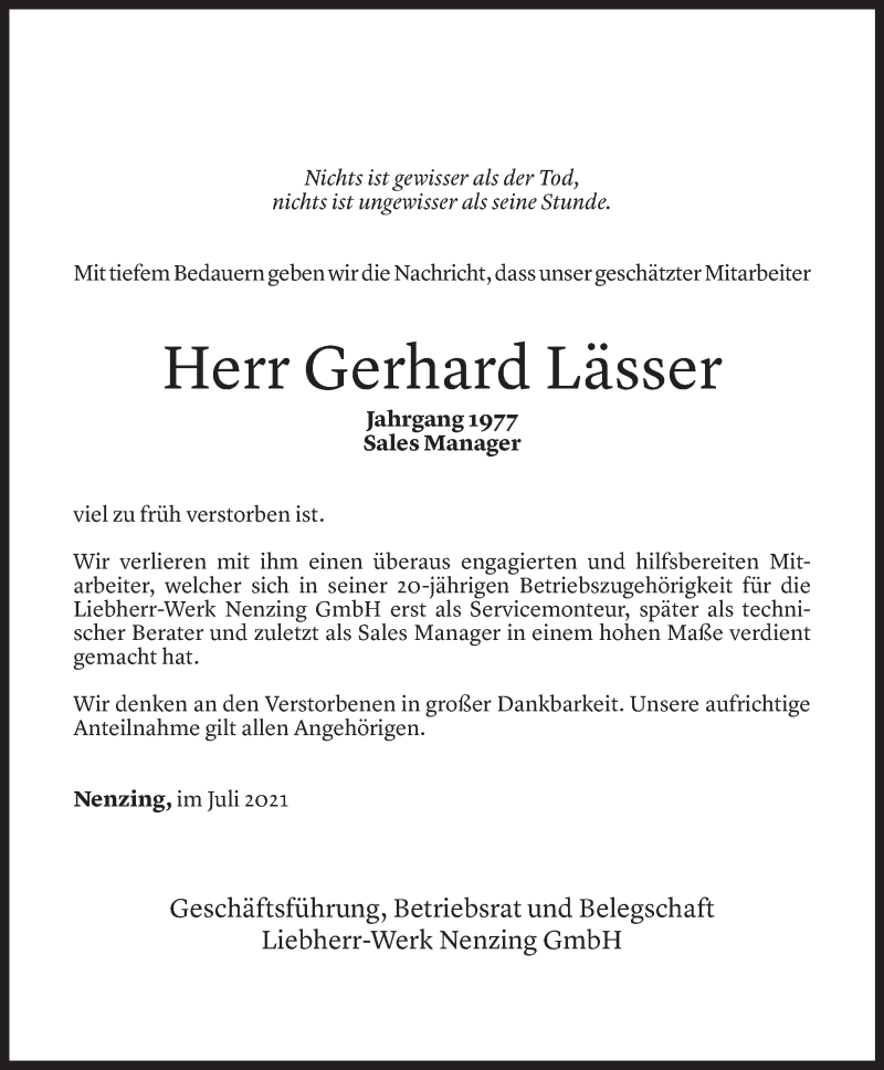  Todesanzeige für Gerhard Lässer vom 29.07.2021 aus Vorarlberger Nachrichten