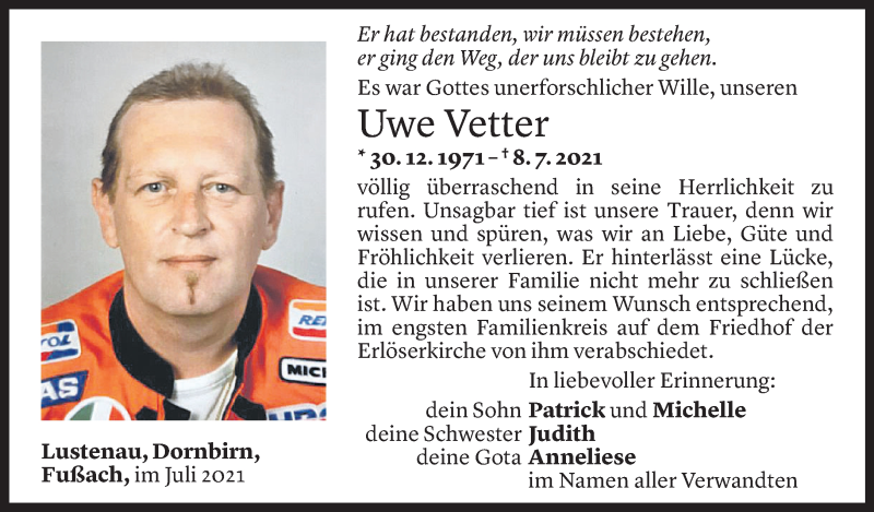  Todesanzeige für Uwe Vetter vom 21.07.2021 aus Vorarlberger Nachrichten