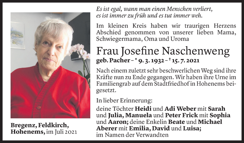  Todesanzeige für Josefine Naschenweng vom 28.07.2021 aus Vorarlberger Nachrichten