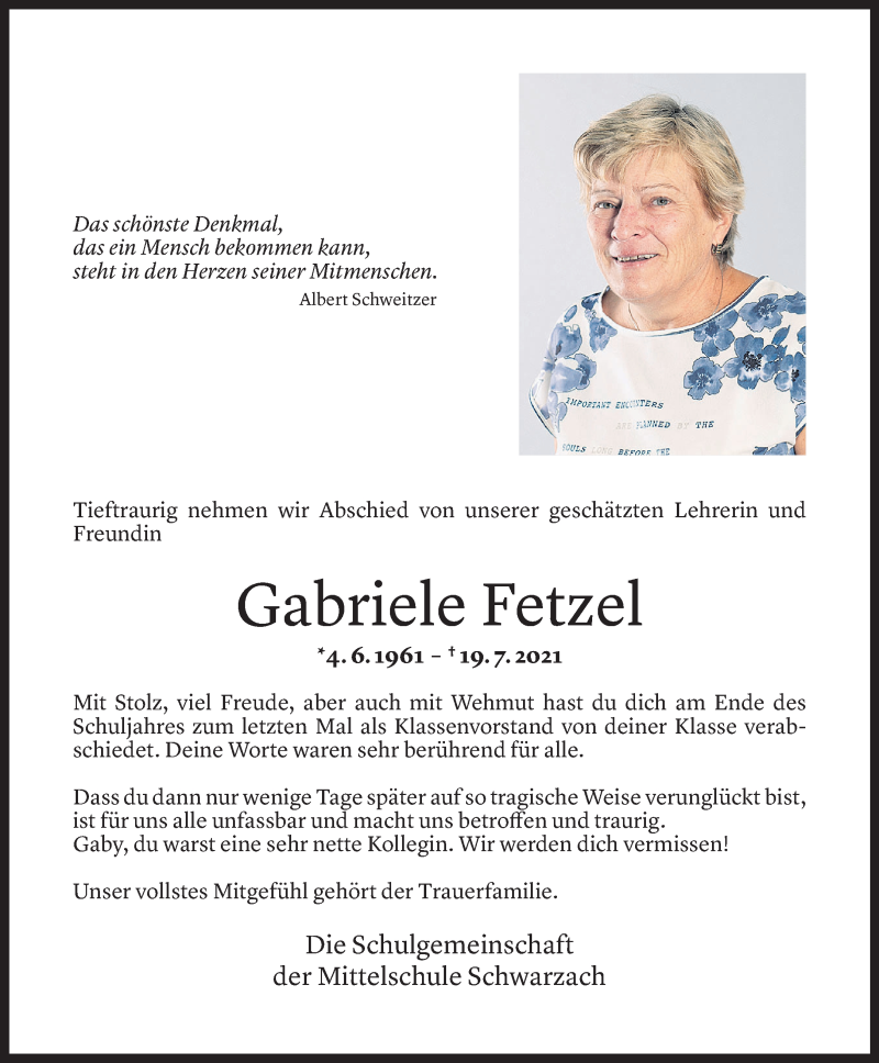  Todesanzeige für Gaby Fetzel vom 23.07.2021 aus Vorarlberger Nachrichten