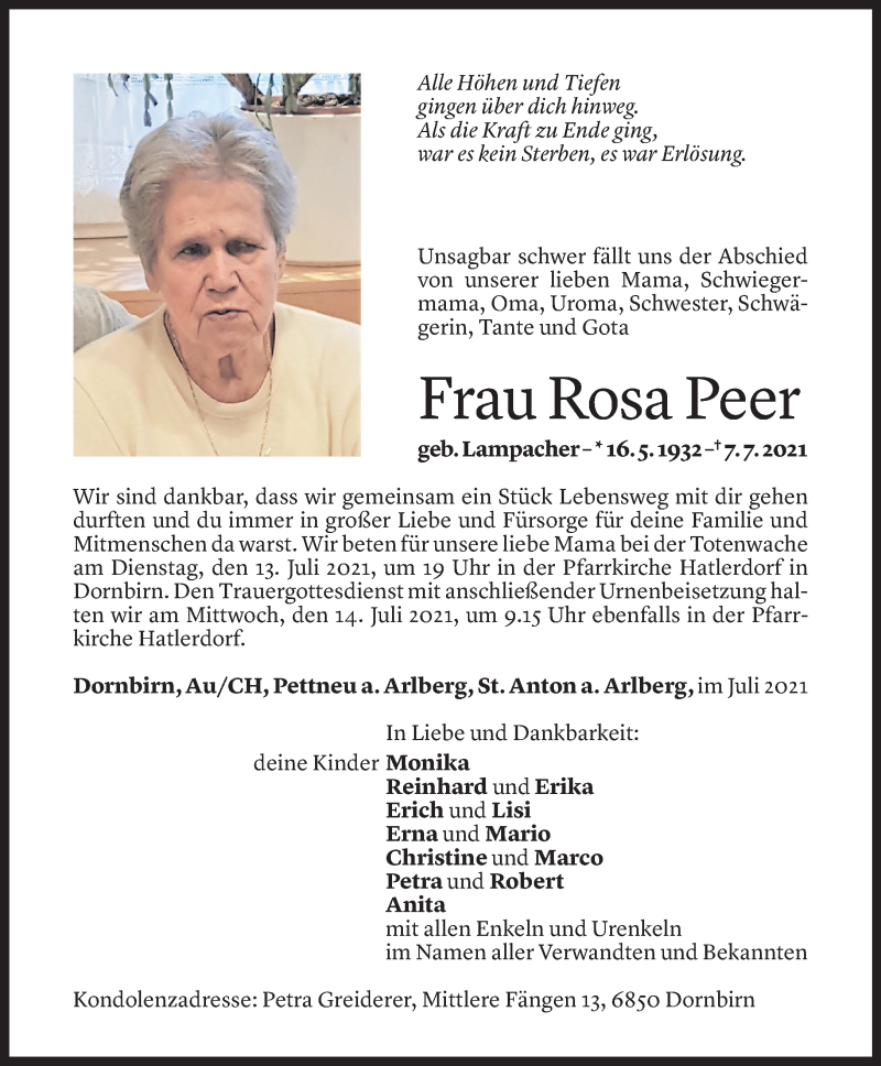  Todesanzeige für Rosa Peer vom 09.07.2021 aus Vorarlberger Nachrichten