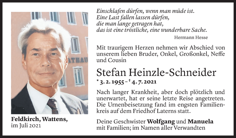  Todesanzeige für Stefan Heinzle-Schneider vom 03.08.2021 aus Vorarlberger Nachrichten