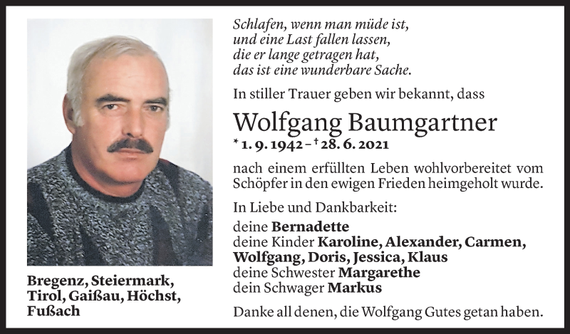  Todesanzeige für Wolfgang Baumgartner vom 10.07.2021 aus Vorarlberger Nachrichten