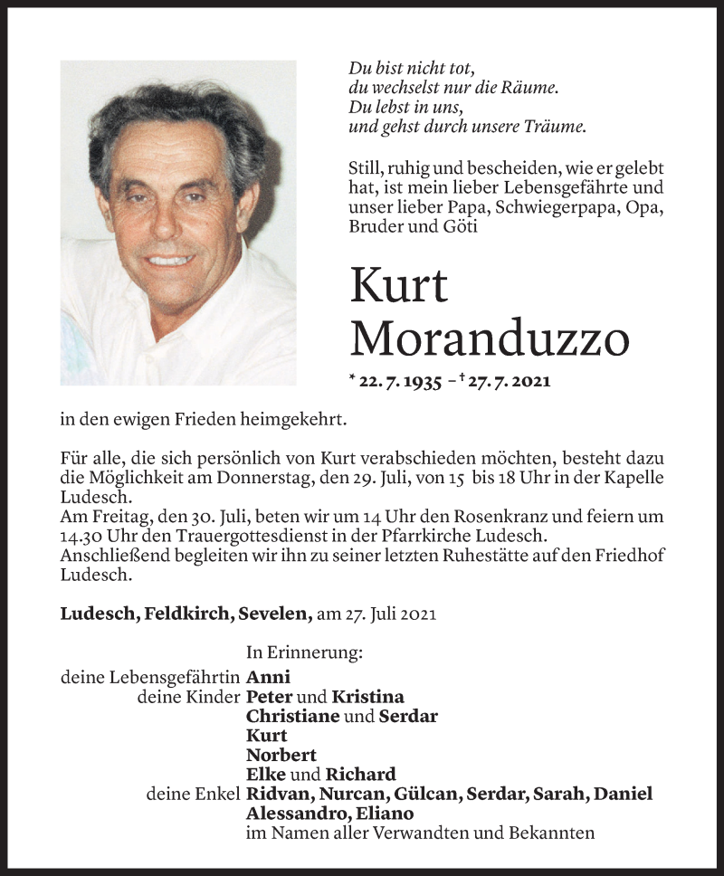  Todesanzeige für Kurt Moranduzzo vom 28.07.2021 aus Vorarlberger Nachrichten