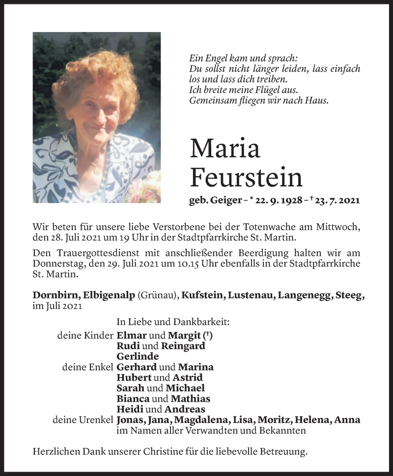  Todesanzeige für Maria Feurstein vom 26.07.2021 aus Vorarlberger Nachrichten