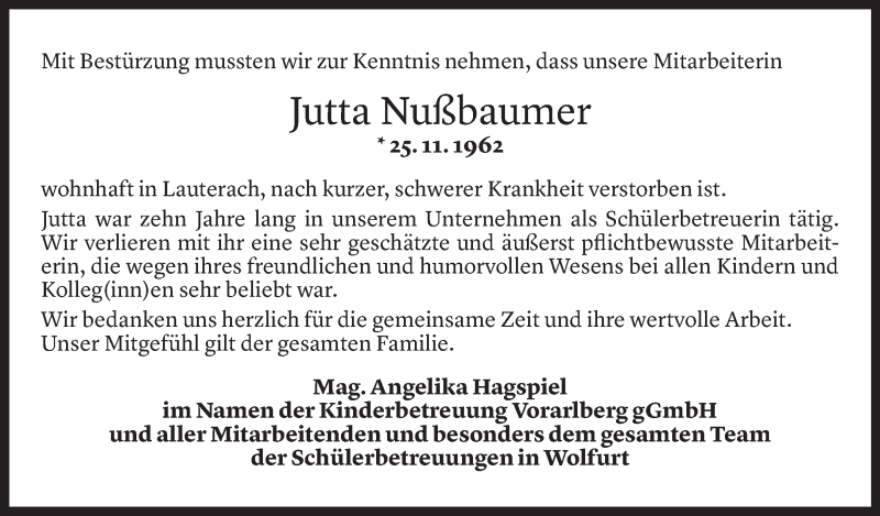  Todesanzeige für Jutta Nussbaumer vom 31.07.2021 aus Vorarlberger Nachrichten