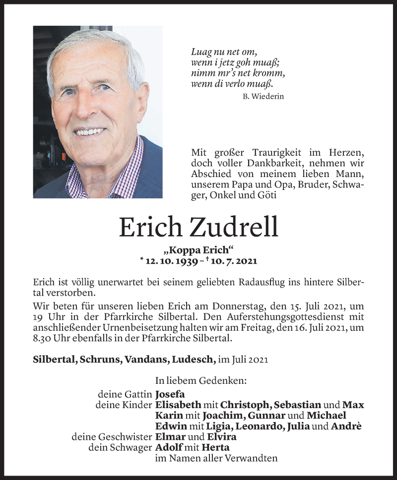  Todesanzeige für Erich Zudrell vom 12.07.2021 aus Vorarlberger Nachrichten