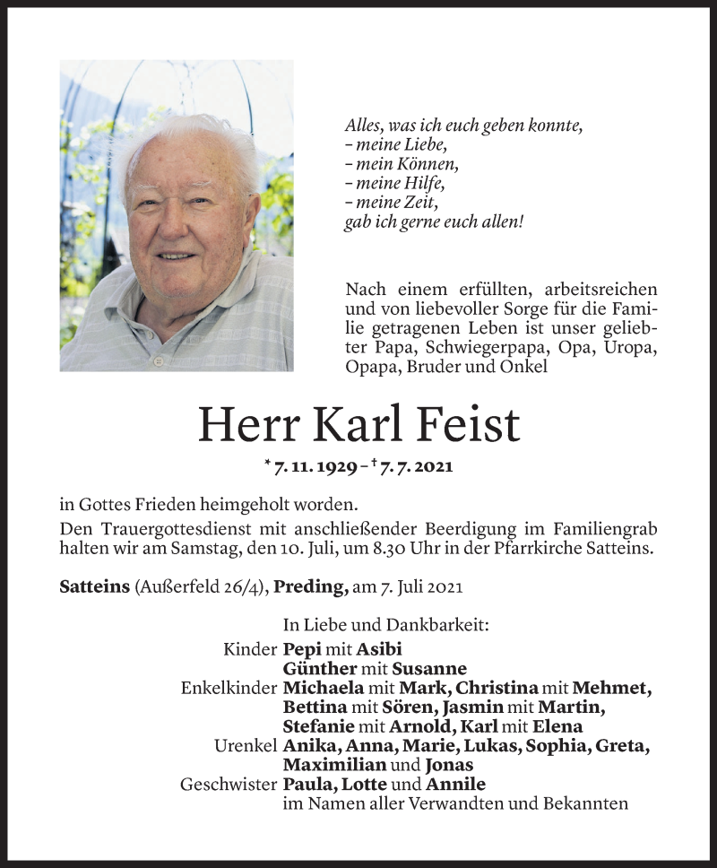  Todesanzeige für Karl Feist vom 08.07.2021 aus Vorarlberger Nachrichten