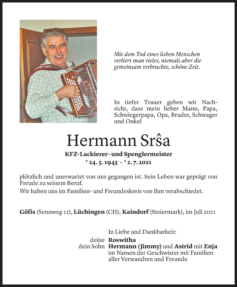  Todesanzeige für Hermann Srsa vom 10.07.2021 aus Vorarlberger Nachrichten