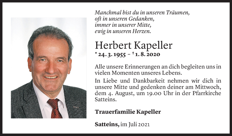  Todesanzeige für Herbert Kapeller vom 31.07.2021 aus Vorarlberger Nachrichten