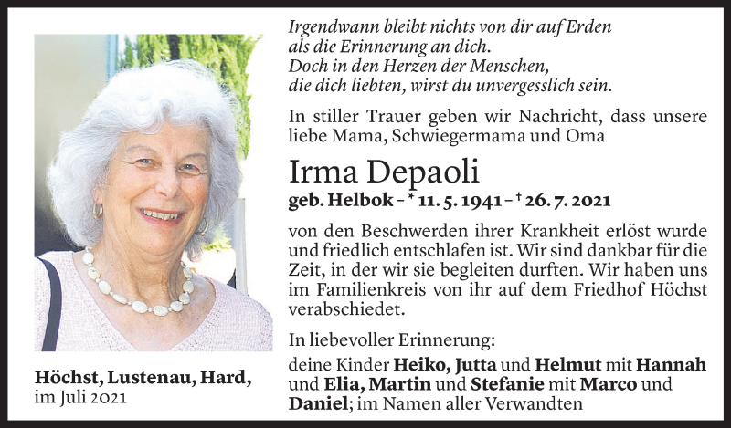  Todesanzeige für Irma Depaoli vom 30.07.2021 aus Vorarlberger Nachrichten