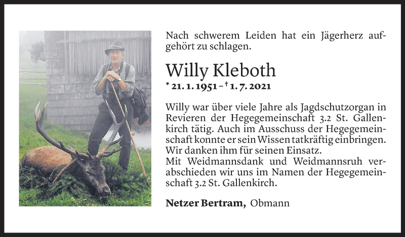  Todesanzeige für Willy Kleboth vom 04.07.2021 aus Vorarlberger Nachrichten