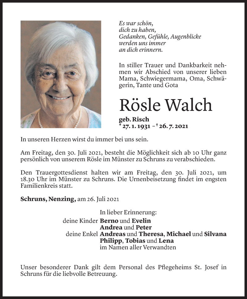  Todesanzeige für Rösle Walch vom 27.07.2021 aus Vorarlberger Nachrichten