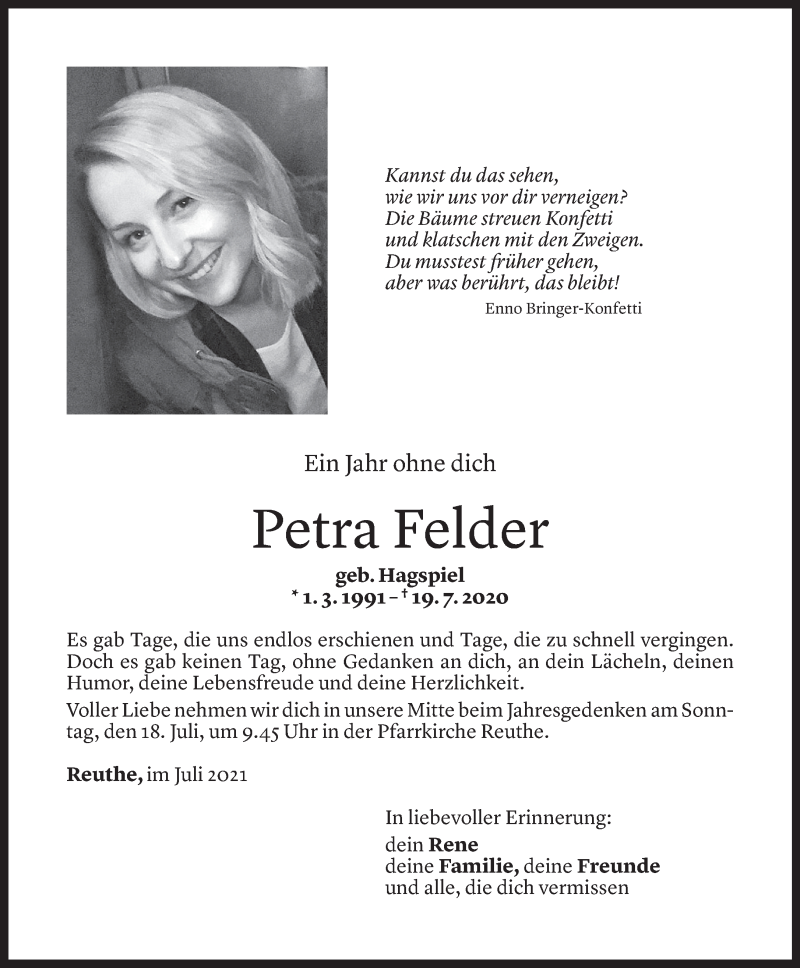  Todesanzeige für Petra Felder vom 15.07.2021 aus Vorarlberger Nachrichten