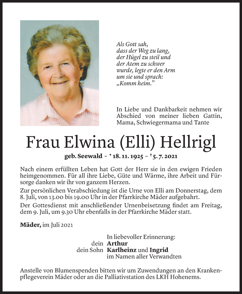  Todesanzeige für Elwina Hellrigl vom 07.07.2021 aus Vorarlberger Nachrichten