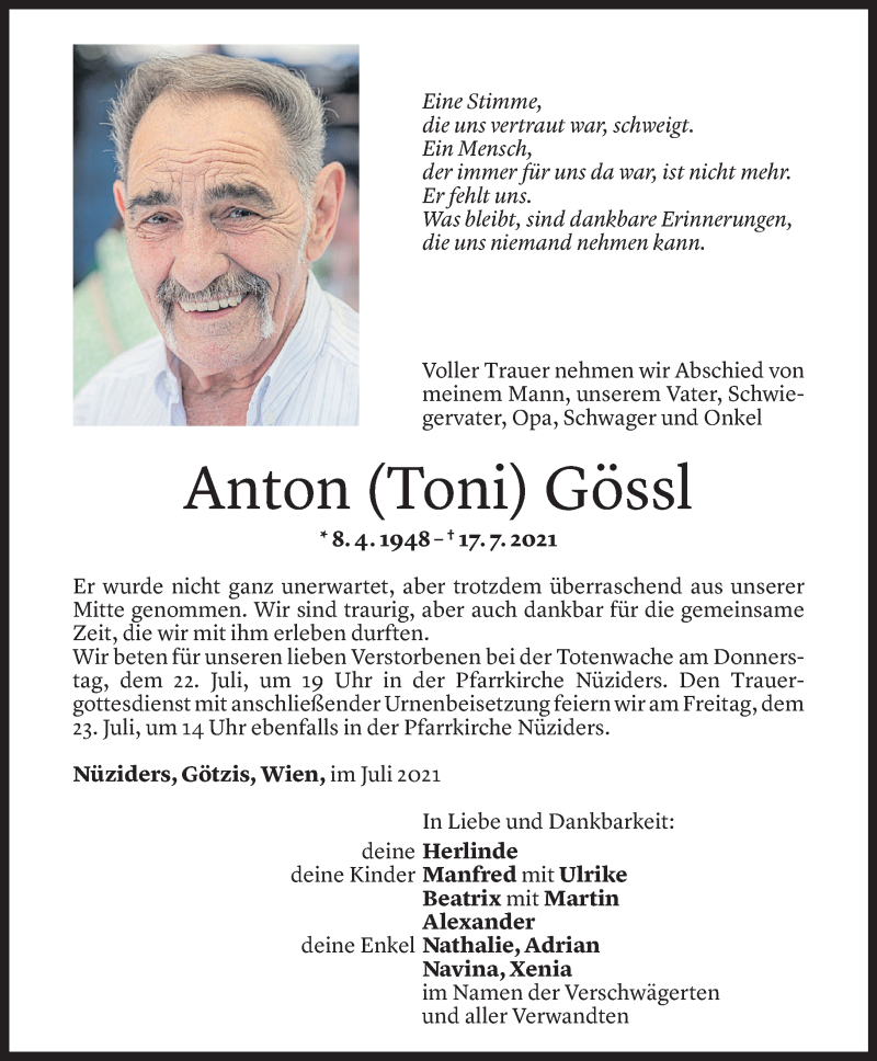  Todesanzeige für Anton Gössl vom 21.07.2021 aus Vorarlberger Nachrichten