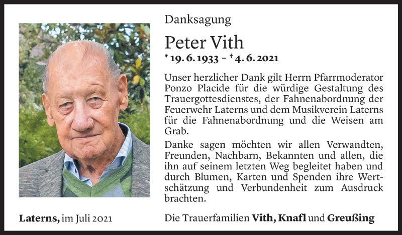  Todesanzeige für Peter Vith vom 24.07.2021 aus Vorarlberger Nachrichten