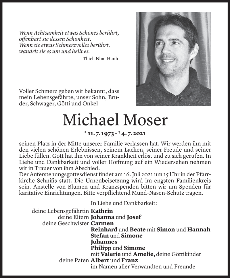  Todesanzeige für Michael Moser vom 12.07.2021 aus Vorarlberger Nachrichten