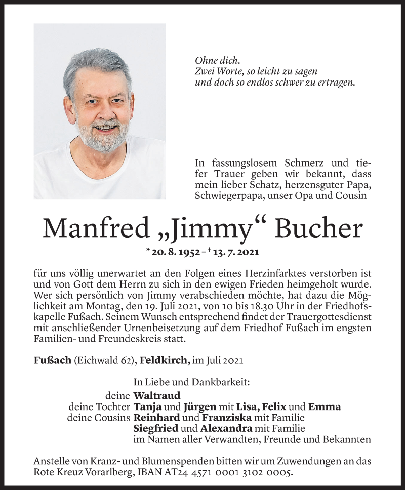  Todesanzeige für Manfred Bucher vom 16.07.2021 aus Vorarlberger Nachrichten