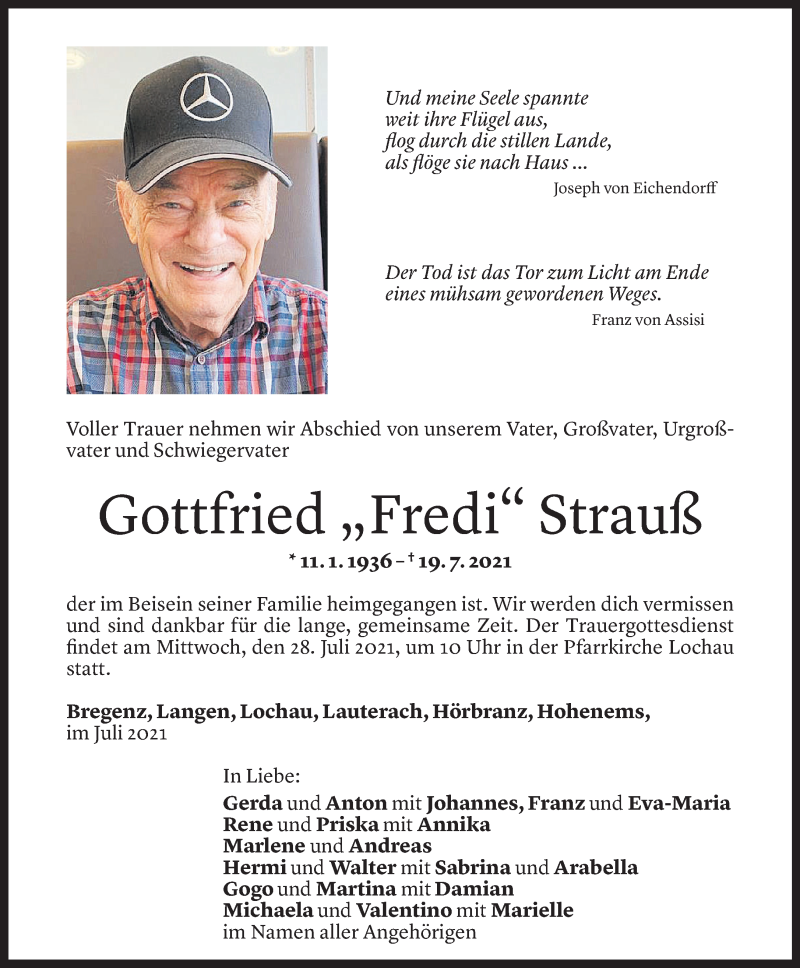  Todesanzeige für Gottfried Strauß vom 23.07.2021 aus Vorarlberger Nachrichten