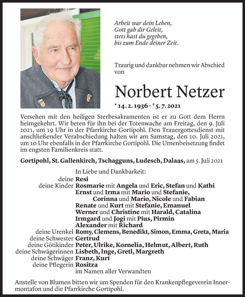  Todesanzeige für Norbert Netzer vom 07.07.2021 aus Vorarlberger Nachrichten