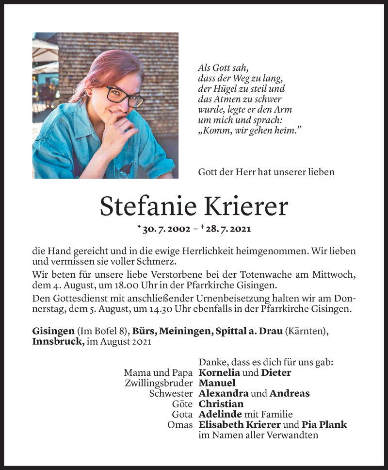  Todesanzeige für Stefanie Krierer vom 02.08.2021 aus Vorarlberger Nachrichten