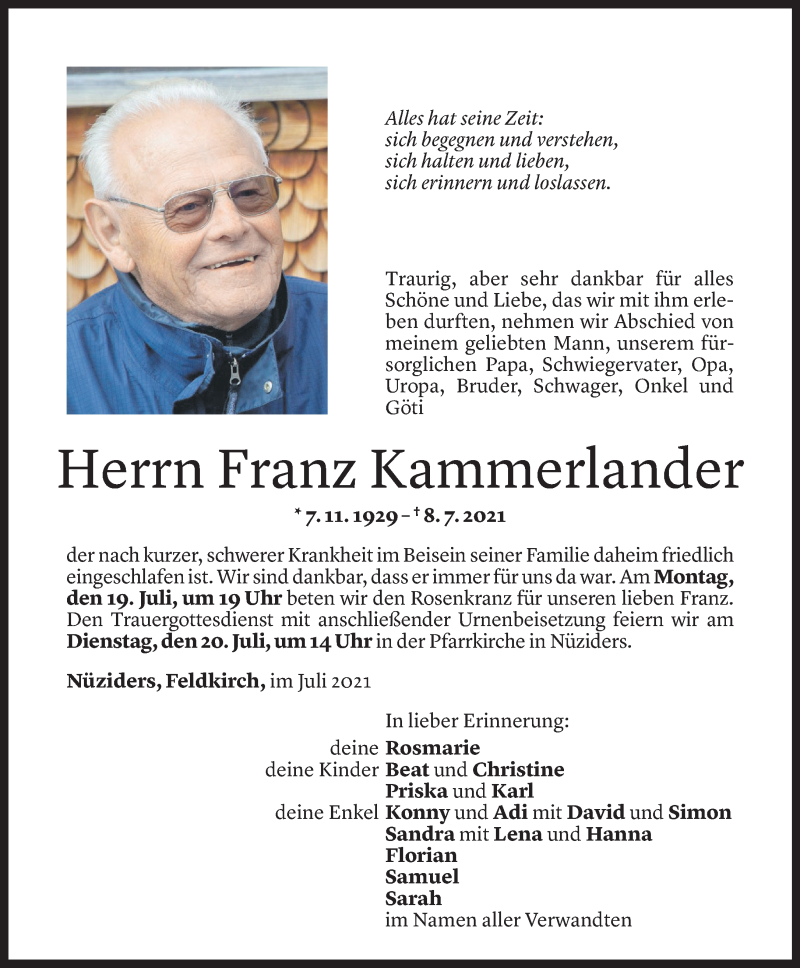  Todesanzeige für Franz Kammerlander vom 17.07.2021 aus Vorarlberger Nachrichten