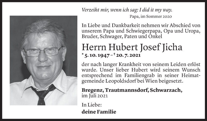 Todesanzeige für Hubert Josef Jicha vom 27.07.2021 aus Vorarlberger Nachrichten