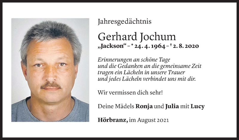  Todesanzeige für Gerhard Jochum vom 30.07.2021 aus Vorarlberger Nachrichten